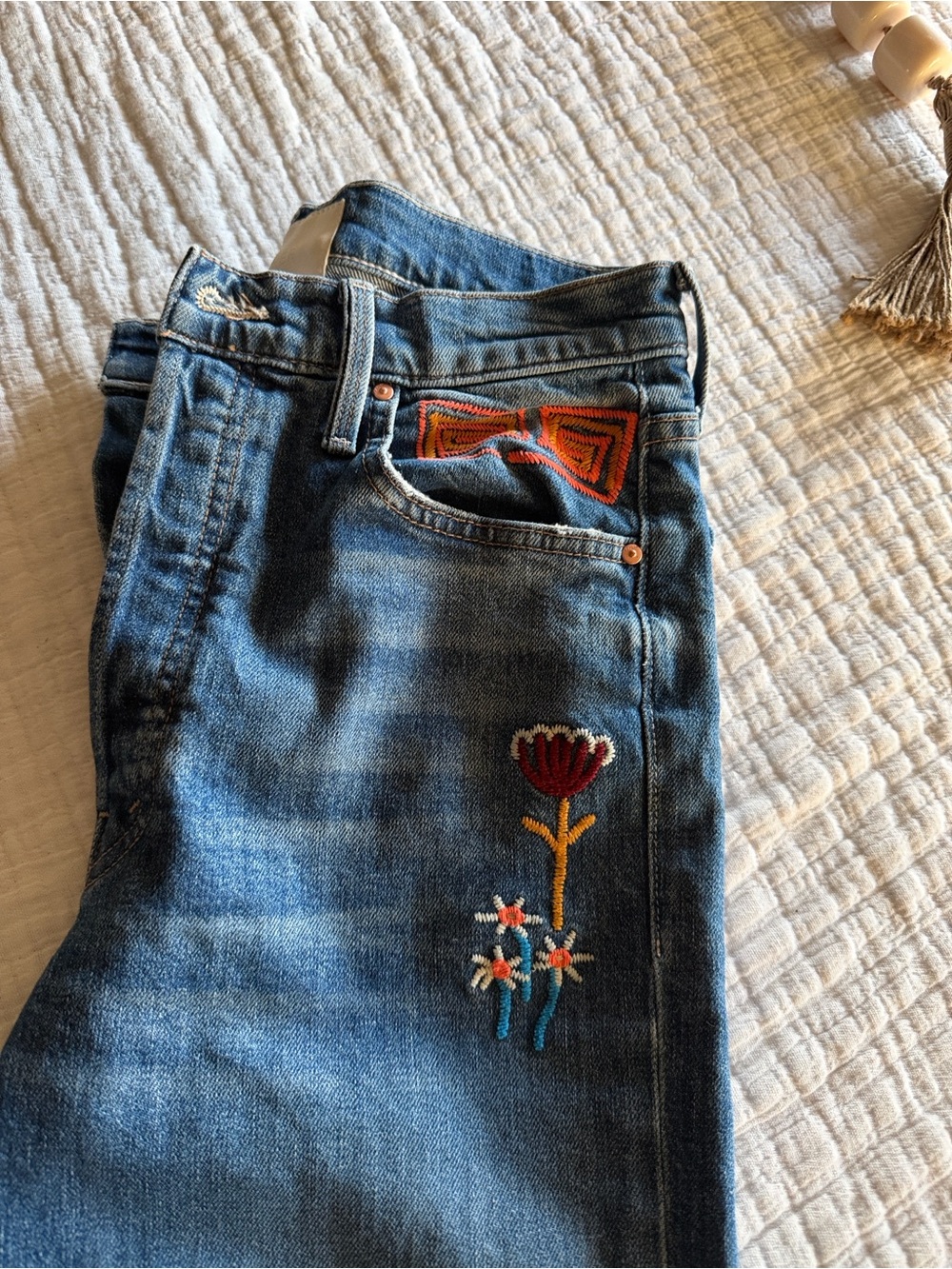 MOTHER Blue Denim Jeans with Multicolor Floral Embroidery